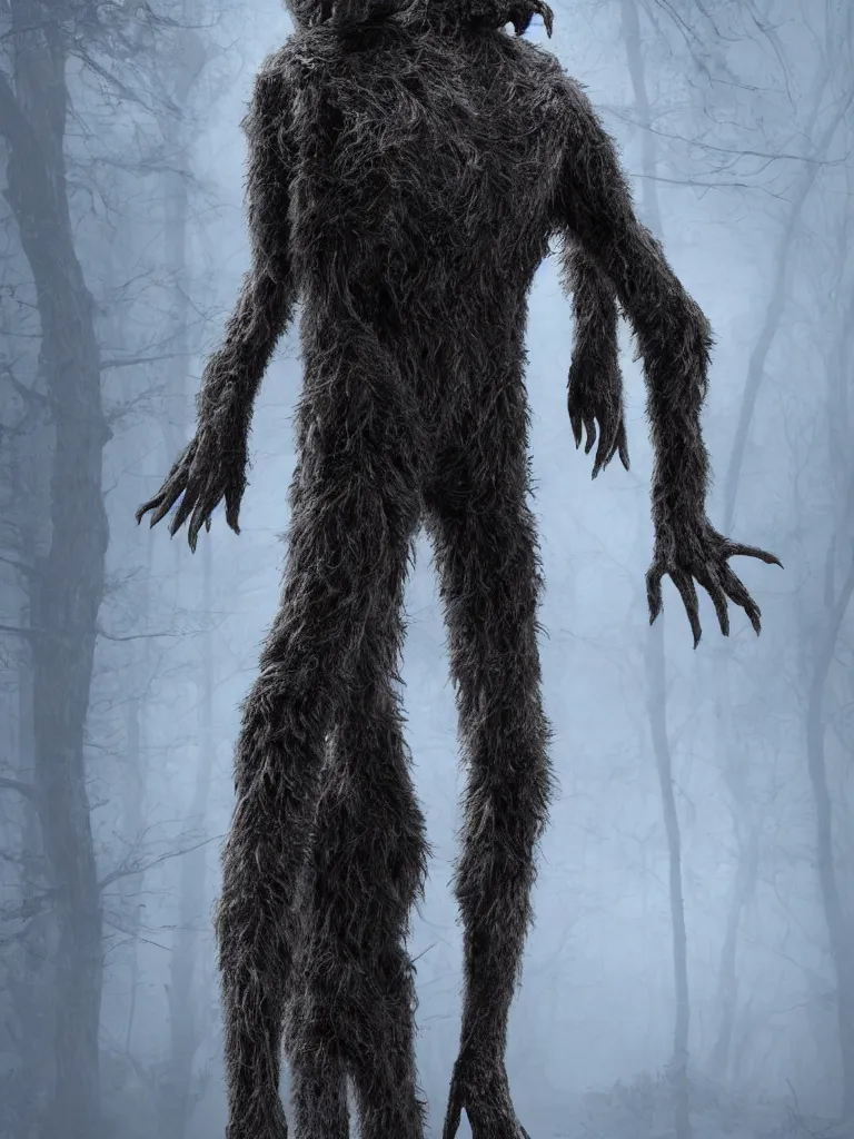Image similar to standing photorealistic detailed tall skinny humanoid creature with fur, the woods, night, extremly detailed, 8 k, realistic, sharp focus, cosmic horror creature, cosmic horror, from the movie the thing