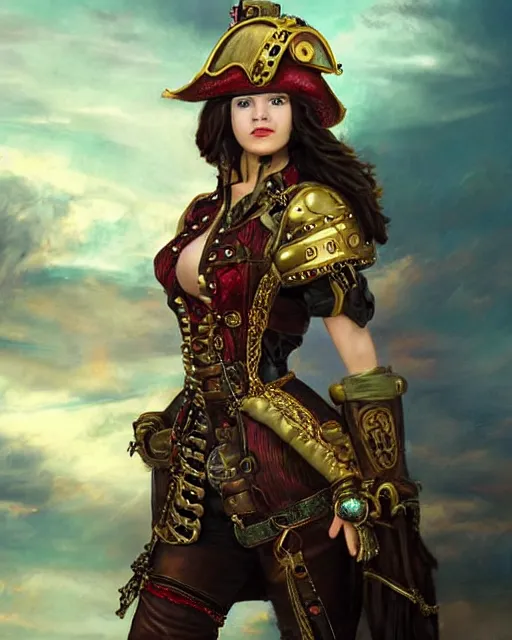 Prompt: a beautiful young female steampunk pirate wearing leather armor on gold and red trimmings on green, very cool pose, pirate ship with an epic sky background, slightly smiling Charlie Bowater Annie Leibovitz, zhuoxin ye, cinematic lighting and composition, fantasy painting, very detailed, ornate, 8k trending on artstation and pinterest, deviantart, google images