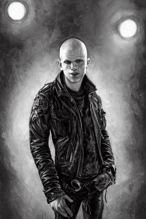 Prompt: Jesse eisenberg as a young man, shaved head, punk, tattered leather coat, intricate, elegant, dramatic lighting, highly detailed, lifelike, photorealistic, digital painting, artstation, illustration, concept art, smooth, sharp focus, art by John Collier and Albert Aublet and Krenz Cushart and Artem Demura and Alphonse Mucha