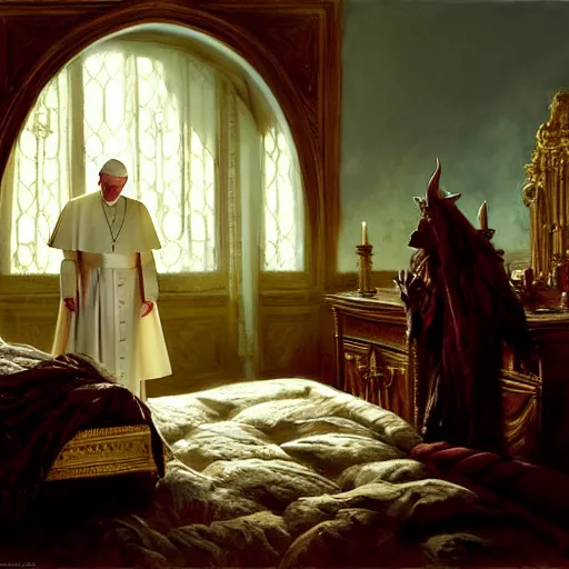 Image similar to the pope is in his bed, terrified, because a double horned shadow demon is in the wallpaper of the bedroom. highly detailed painting by gaston bussiere, greg rutkowski, craig mullins 8 k