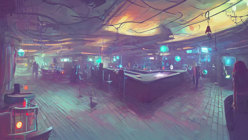 Prompt: digital painting of an underground VR bar, by simon stålenhag, trending on artstation