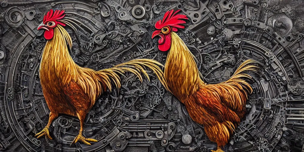 Prompt: colorful illustration of a fighting rooster made of car engine parts, dieselpunk, hyperrealism, intricate, highly detailed, dark color scheme, golden ratio