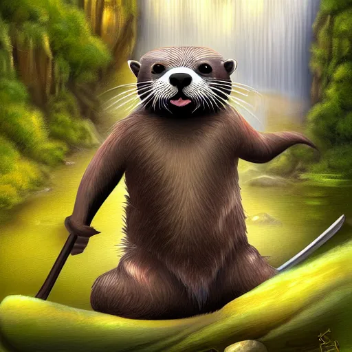 Image similar to furry otter warrior, fantasy art by Kathy Bakett, lightweight armour, near the river, waterfall, digital art, high quality, 4K