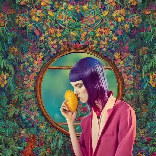 Image similar to pretty model with botanical and bright fruits : : by martine johanna and simon stalenhag and chie yoshii and casey weldon and wlop : : ornate, dynamic, particulate, rich colors, intricate, elegant, highly detailed, vogue, harper's bazaar art, fashion magazine, smooth, sharp focus, 8 k, octane render