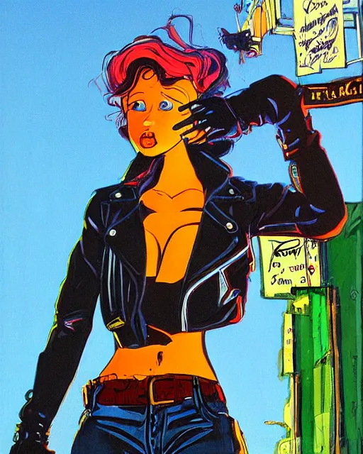 Image similar to young female protagonist in leather jacket, city street, artwork by ralph bakshi