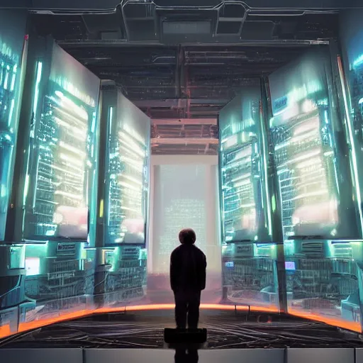 Image similar to professional painting of tiny people praying to monumental conscious supercomputer with huge - hologram - head!!!! in the center of endless colossal server room, trending on artstation, cyberpunk, sci - fi, futuristic, by greg rutkowski and maciej kuciara, high quality