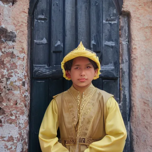 Image similar to teenage Caucasian boy modeling malacca sultanate gear