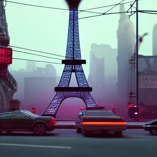 Image similar to A beautiful intricate 8K award-winning ground-level cinematic movie photograph of the future destroyed and decaying Eiffel Tower, surrounded by neon and collapsing corporate video billboard displays. in the year 2050, by Bruno Delbonnel and greg rutkowski. octane render, Arri Alexa 65. Cinematic lighting