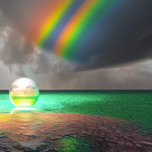 Image similar to ultra realist octane render of a storm globe, volumetric clouds tempest inside, reflection and refraction, symmetry accurate features, very intricate details, rainbow lighting, artstation