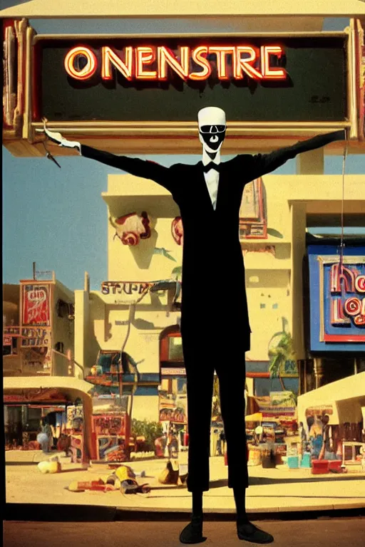 Prompt: orientalist portrait of a slender man with short hair and rounded sunglasses, smiles in despair, atmospheric and obscure, standing outside the cereal convention neon sign, by roger deakins, cinematography, syd mead, phil hale, 5 0 mm