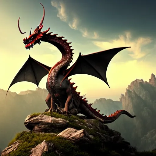 Prompt: giant dragon standing on a mountain, highly detailed, 4 k, hdr, award - winning, octane render, artstation