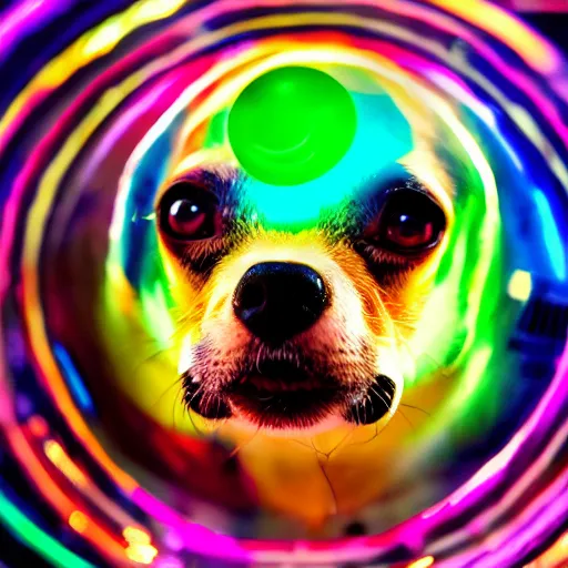 Image similar to colorful disco ball in the shape of a chihuahua, stunning, 4 k