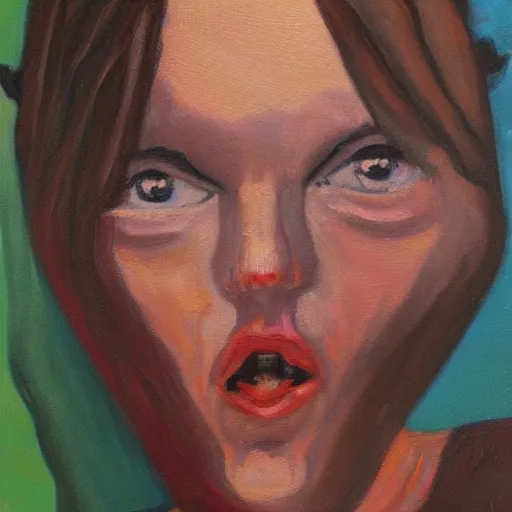 Prompt: scared woman staring up, oil painting, oil in canvas, brushstrokes