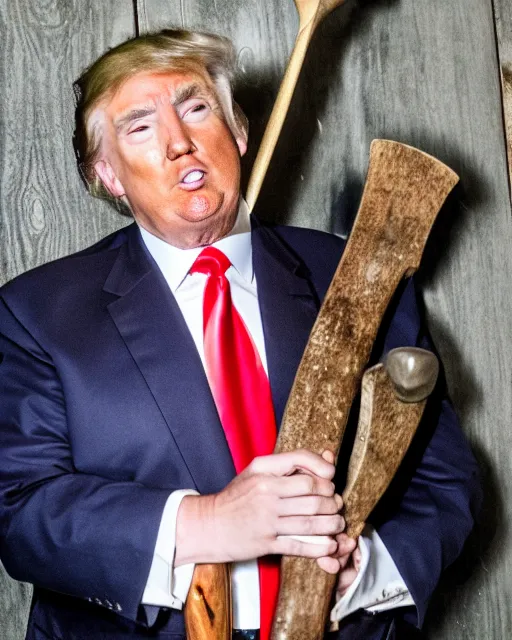 Image similar to a photo of donald trump dressed as a medieval knight. he's holding a giant axe. medium shot portrait. dslr photography