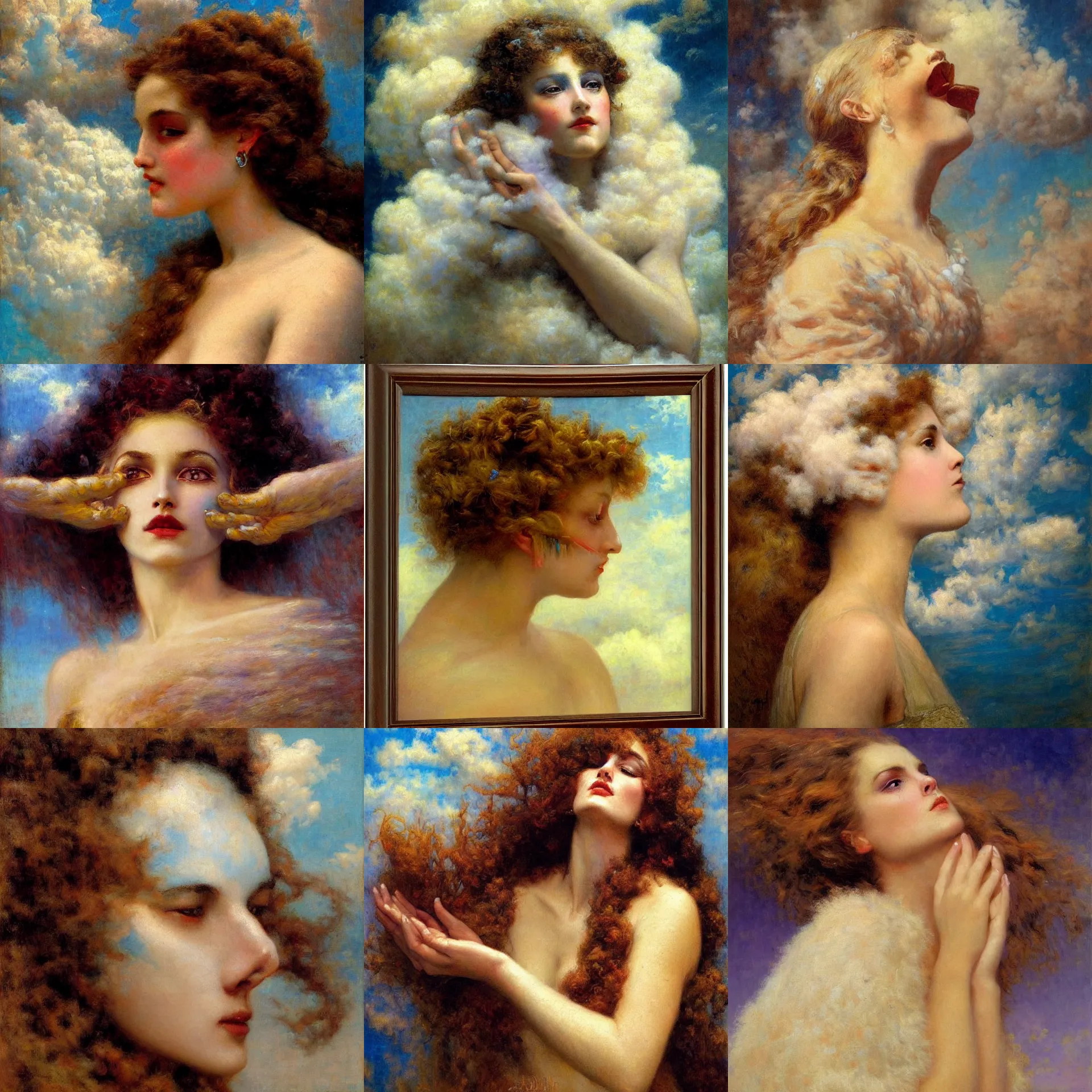 Prompt: surreal painting of the side view of a beautiful woman's face made of fluffy clouds, eyes covered by hands, unusual color palette painted by gaston bussiere, symmetrical face, defined facial features, symmetrical facial features, dramatic lighting