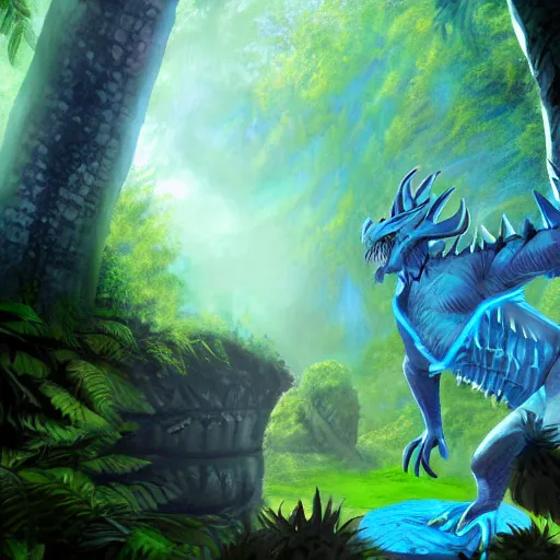 Image similar to A dragonborn with blue scales in a rainforest, trending on artstation, digital art