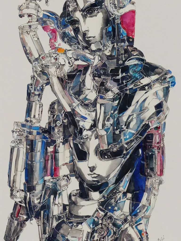 Prompt: a Royal portrait of chrome android woman as illustrated by Yoshitaka Amano. 1991. Watercolor and Acrylic on Paper