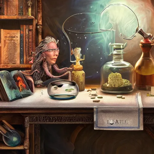 Image similar to hyper real, table, wizards laboratory, lisa parker, tony sart, mortar, pestle, scales with magic powder, energy flowing, magic book, beakers of colored liquid