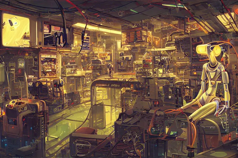 Prompt: sexy girl working in a robot repair shop, a broken android is laying on the ground, computer screens, dark cables hanging from ceiling , sci-fi vending machine, illustration by ian McQue, dynamic lighting, glowing lights, neons, science fiction