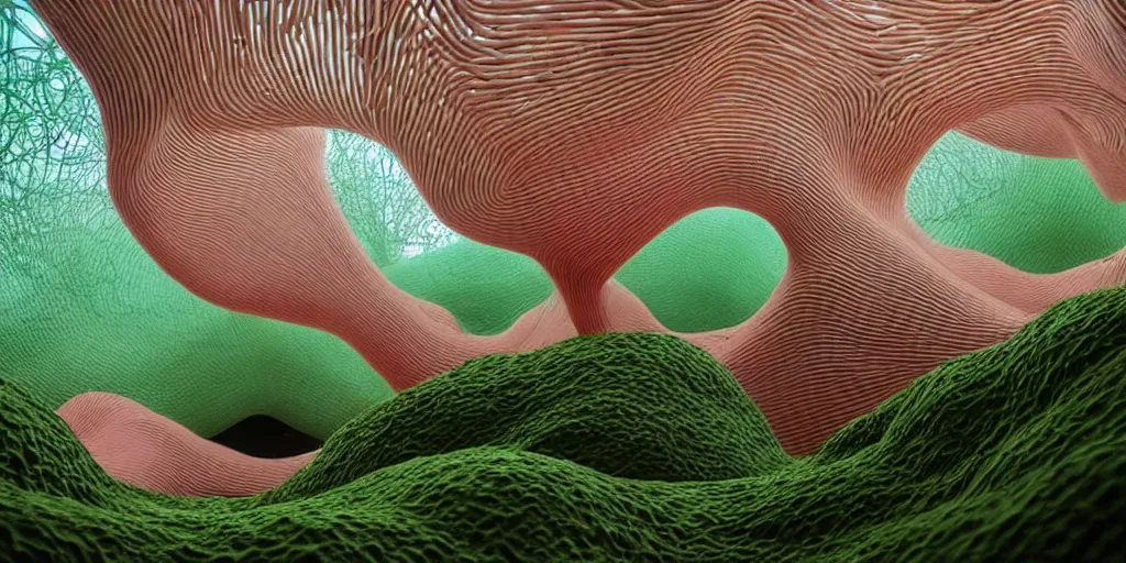 Image similar to biomorphic inflated structures by ernesto neto, light - mint with light - pink color, 4 k, insanely quality, highly detailed, film still from the movie directed by denis villeneuve with art direction by zdzisław beksinski, telephoto lens, shallow depth of field