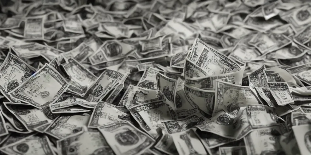 Image similar to a film still of cash money piling up in a vault, shallow depth of field, cinematic, award winning cgi, vfx, film still cfg _ scale : 2 4. 0