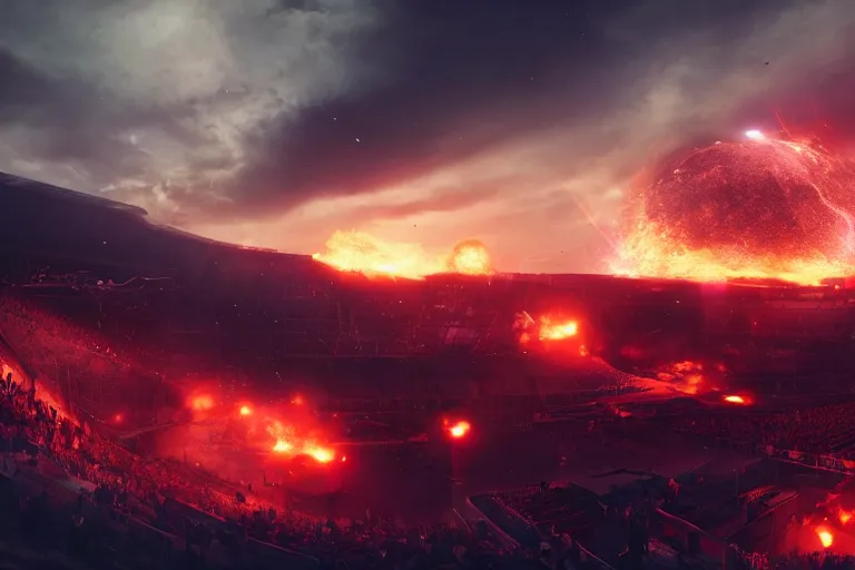 Image similar to meteors fall from the red sky down to a war - torn football stadium, crowds panic, cinematic lighting by jessica rossier, realistic, highly - detailed, 8 k, photorealistic, hyper detailed, unreal engine 5, imax quality, cinematic, epic lighting, football live, live sports