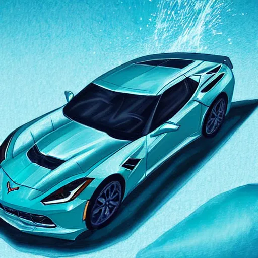 Image similar to deep turquoise water is frozen into the shape of a corvette, digital art