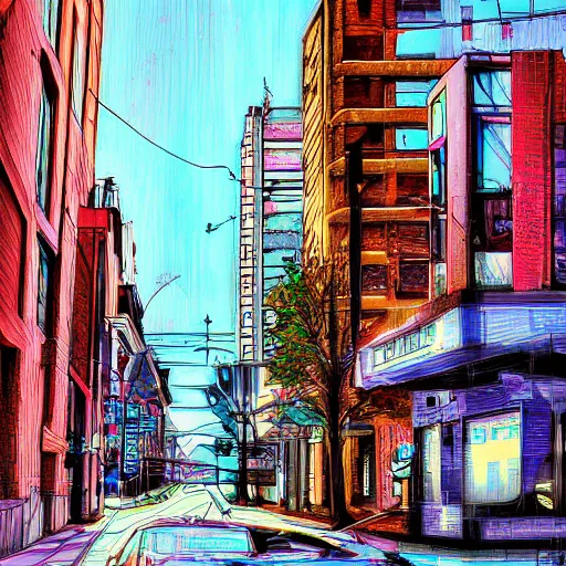 Prompt: stark street in portland oregon, cyberpunk, digital painting