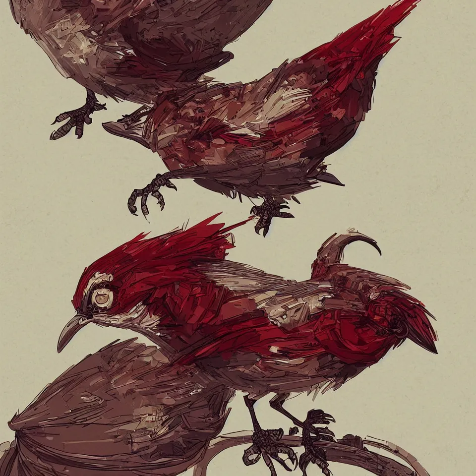 Image similar to a detailed concept art of a steampunk bird by miguel nogueira, gradient dark red, cream and white color scheme, dynamic lighting, cinematic, epic composition, masterpiece