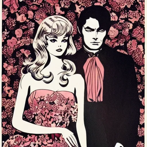 Image similar to 1 9 6 0 s symmetrical pretty elegant brigitte bardot as a vampire with alain delon, very detailed intricate style of takato yamamoto lots of flowers