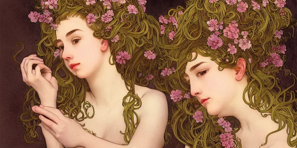 Image similar to a portrait of a very seductive young woman, hair full of gigantic flowers and octopus tentacles, photoillustration, realistic, closeup, facing the camera, dark, dramatic lighting, in the style of WLOP and Alphonse Mucha and Caravaggio
