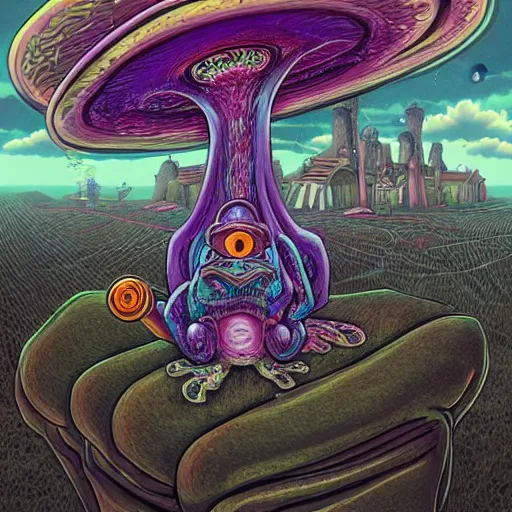 Image similar to A centered chest up portrait of a psychedelic lovecraftian godlike anthropomorphic frog smoking a hand-rolled cigarette smoking heavily , magic mushroom village in background . award winning. superb resolution. in the art style of junji Ito and greg rutkowski . Detailed Mushroom city in background. Hyper realistic anime. Perfect art. Dalle2