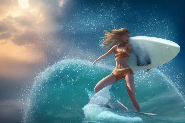 Prompt: girl surfing on a cloud, 4 k, ultra details, cinematic, epic style, beautiful photo, hyper realistic, octane render, unreal engine, award winning, on artstation, volumetric lightning, masterpiece, golden hour,