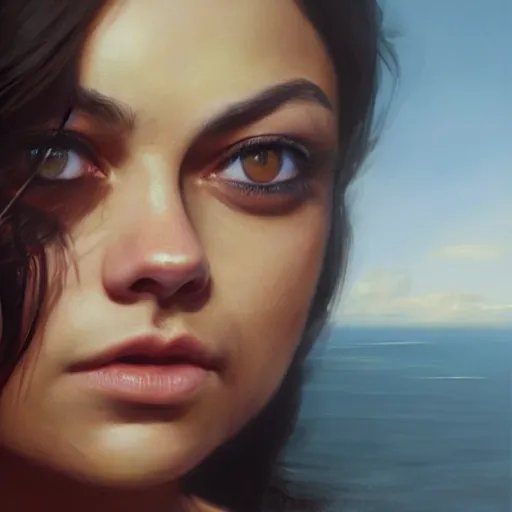 Image similar to winking mila kunis closeup portrait, dramatic light, lake background, 2 0 0 mm focal length, painted by stanley lau, painted by greg rutkowski, painted by stanley artgerm, digital art, trending on artstation