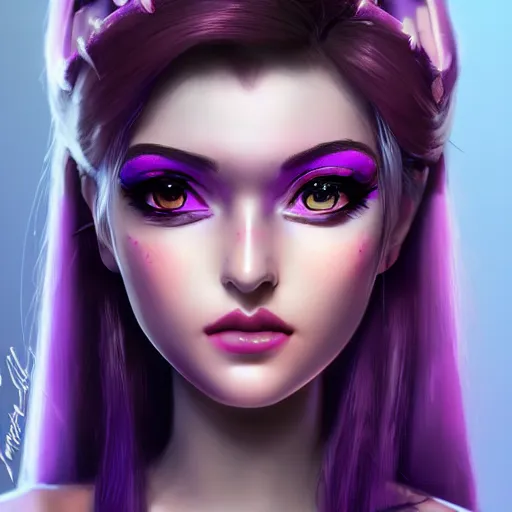 Prompt: widowmaker as a young princess with purple skin, shiny eyes, lipgloss, portrait, closeup, cute freckles, dramatic soft lighting, gloss effects, and exaggerated proportions, digital art by mel milton, trending on artstation, 4 k high quality
