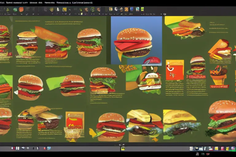 Image similar to hamburger themed gnu / linux desktop environment, linux mint, in 1 9 9 5, y 2 k cybercore, desktop screenshot