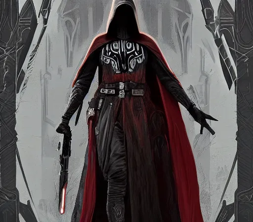 Image similar to ! dream ww 1 sith sorcerer, hooded cloaked sith lord, dark side of the force, sith lore, covet death, full character concept art, highly detailed matte painting intricately beautiful, intricately detailed by dom qwek by darren bartley byjames jean