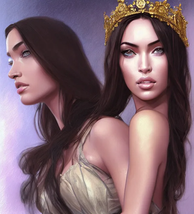 Image similar to portrait of of young beautiful female princess, mix of megan fox and kim kardashian, d & d, baroque dress, elegant, flat lighting, intricate, highly detailed, digital painting, artstation, concept art, smooth, sharp focus, illustration, closeup, misa amane, art by simon bisley and greg rutkowski and alphonse mucha, natural tpose