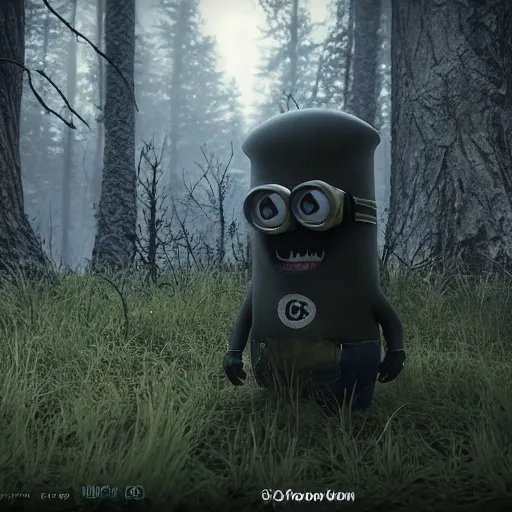 Prompt: creepy, scary, horror minion in dark forest, 8k, CryEngine