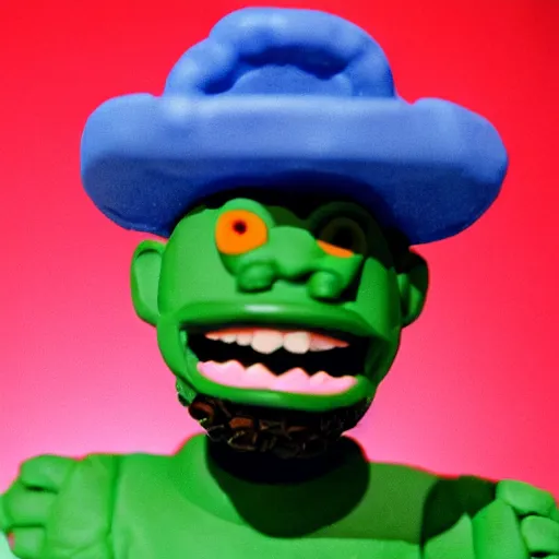 Image similar to a claymation film still of mf doom rapping. claymation by bruce bickford