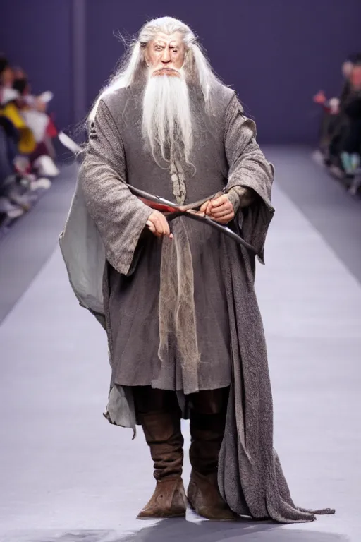 Image similar to gandalf as runway model on the catwalk, Fullbody