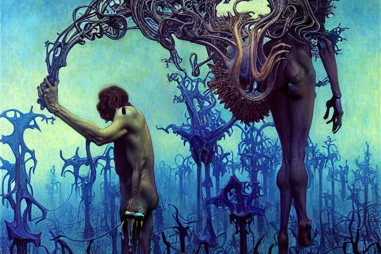 Image similar to realistic detailed portrait painting of a beautiful male zombie, nightly graveyard landscape background by Jean Delville, Amano, Yves Tanguy, Alphonse Mucha, Ernst Haeckel, Edward Robert Hughes, Roger Dean, masterpiece, cinematic composition, dramatic pose, 4k details, rich moody colours, blue eyes