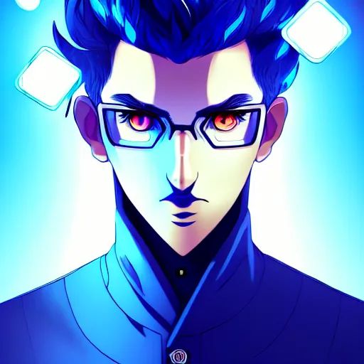 Image similar to a highly detailed portrait of a man with navy blue hair and blue glowing eyes, blue transparent cubes in backround, high detail clothing, concept art, anime, artstation, professional drawing