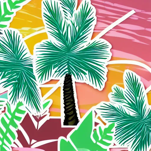 Image similar to stylised palm tree illustration rendered in trendy tropical style for vacation clipart sticker