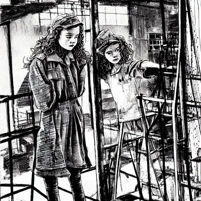 Image similar to sadie sink in dirty workmen clothes waves goodbye to workmen. background : factory, dirty, polluted. technique : black and white pencil and ink. by gabriel hardman, joe alves, chris bonura. cinematic atmosphere, detailed and intricate, perfect anatomy