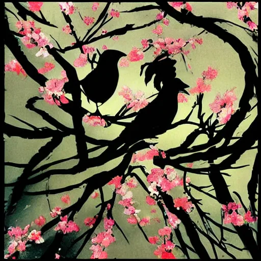 Image similar to birds and sakura blossoms, by dave mckean and yoji shinkawa
