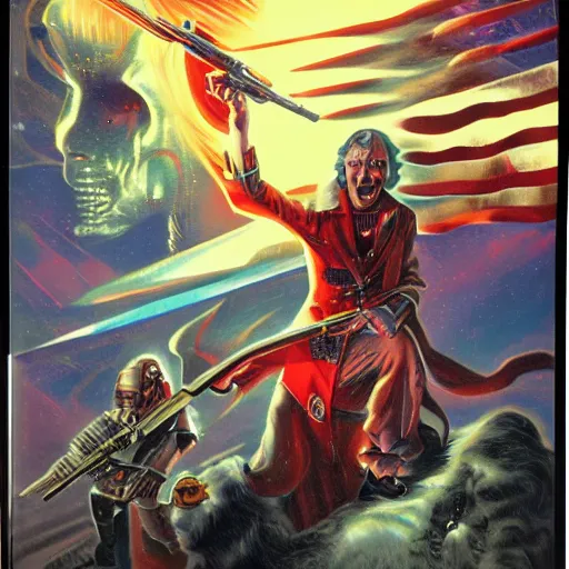 Prompt: high fantasy 1 9 8 0's wargame airbrushed artwork, an american senator overcome by dark mysterious energy, red glowing evil possessed eyes, waving a chrome revolver