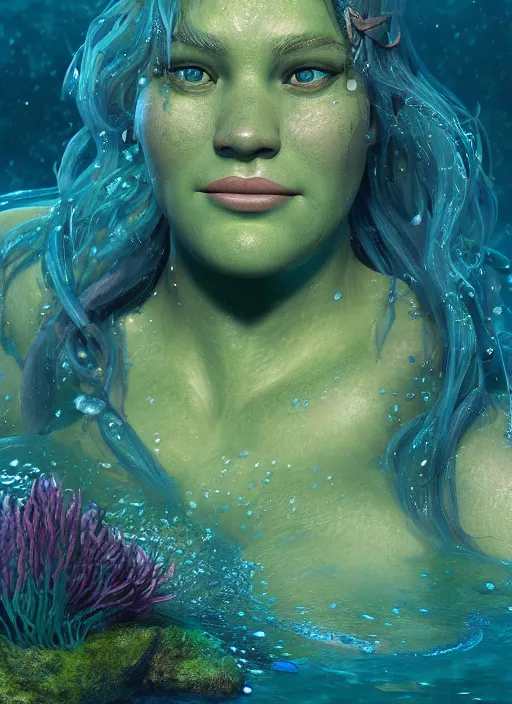 Image similar to underwater portrait of shrek as a mermaid, au naturel, hyper detailed, digital art, trending in artstation, cinematic lighting, studio quality, smooth render, unreal engine 5 rendered, octane rendered, art style by klimt and nixeu and ian sprigger and wlop and krenz cushart.