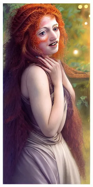 Prompt: infp young woman, smiling amazed, golden fireflies lights, full covering intricate detailed dress, amidst nature, long red hair, precise linework, accurate green eyes, small nose with freckles, oval shape face, realistic, expressive emotions, dramatic lights, hyper realistic ultrafine art by artemisia gentileschi, caravaggio, jessica rossier, boris vallejo