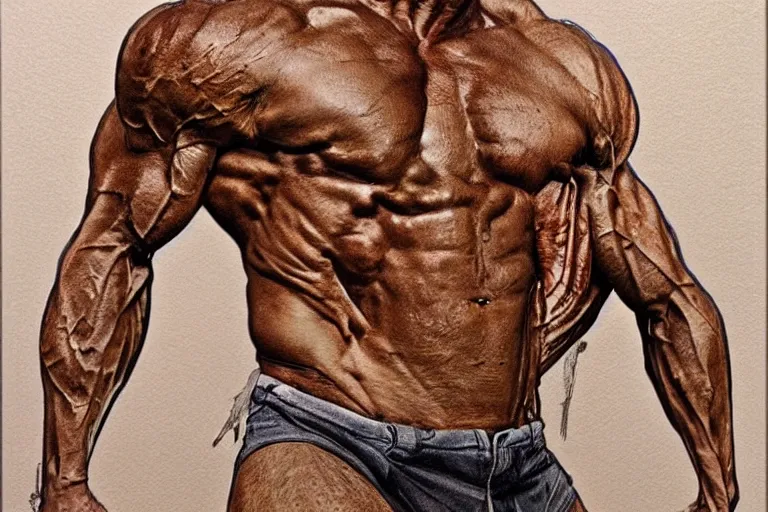Prompt: muscular one, art by danny flynn and richard m. powers, trending on artstation, dramatic tan lighting front view traditional art, very very intricate, photorealistic, illustrator, assemblage